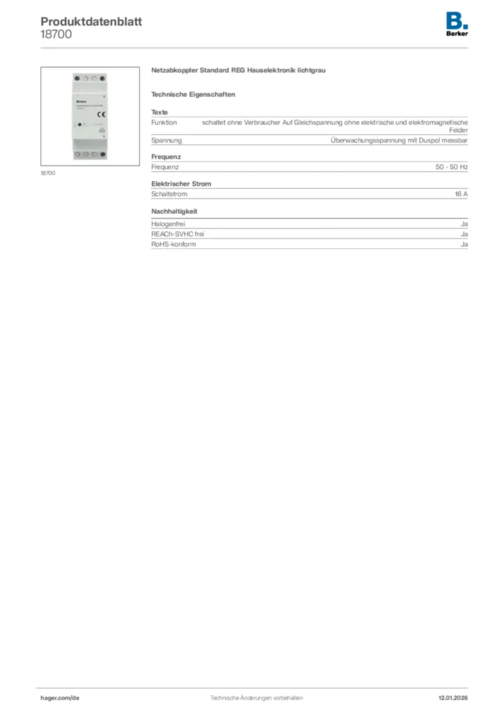 Bild Berker Produktdatenblatt 18700 | Hager Deutschland
