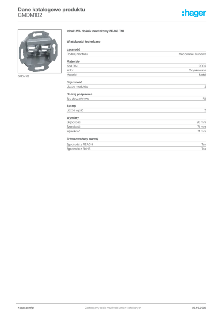 Zdjęcie Hager Dane katalogowe produktu GMDM102 | Hager Polska