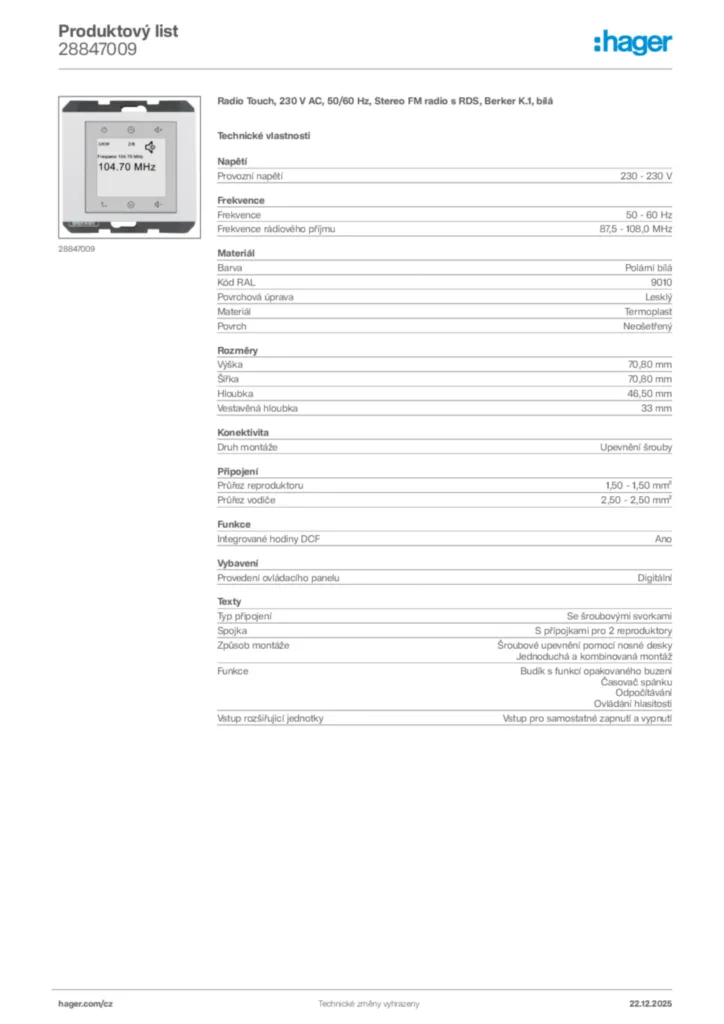 Obrázek Hager Produktový list 28847009 | Hager