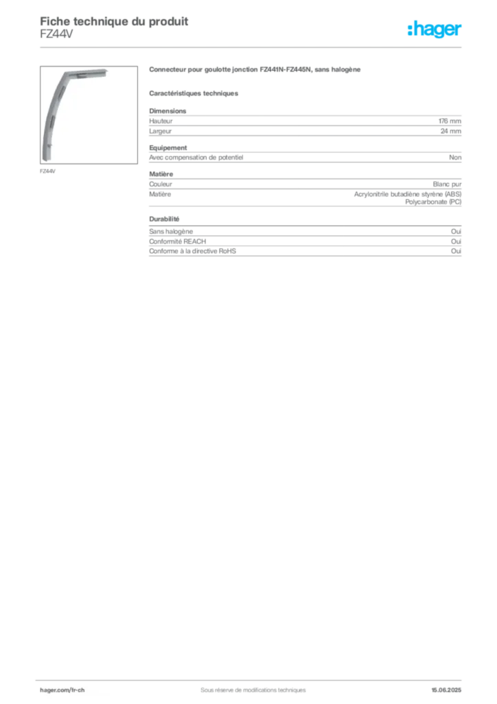 Image Hager Fiche technique du produit FZ44V | Hager Suisse