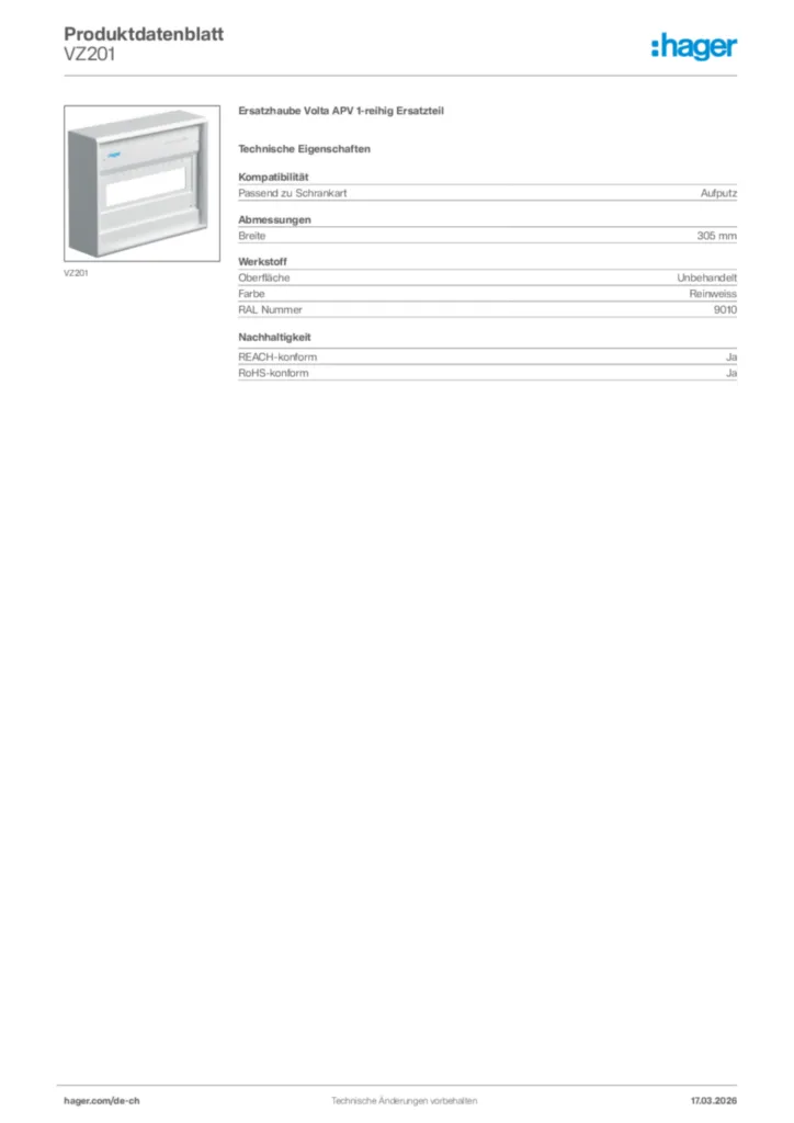 Bild Hager Produktdatenblatt VZ201 | Hager Schweiz