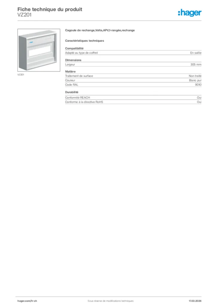 Image Hager Fiche technique du produit VZ201 | Hager Suisse