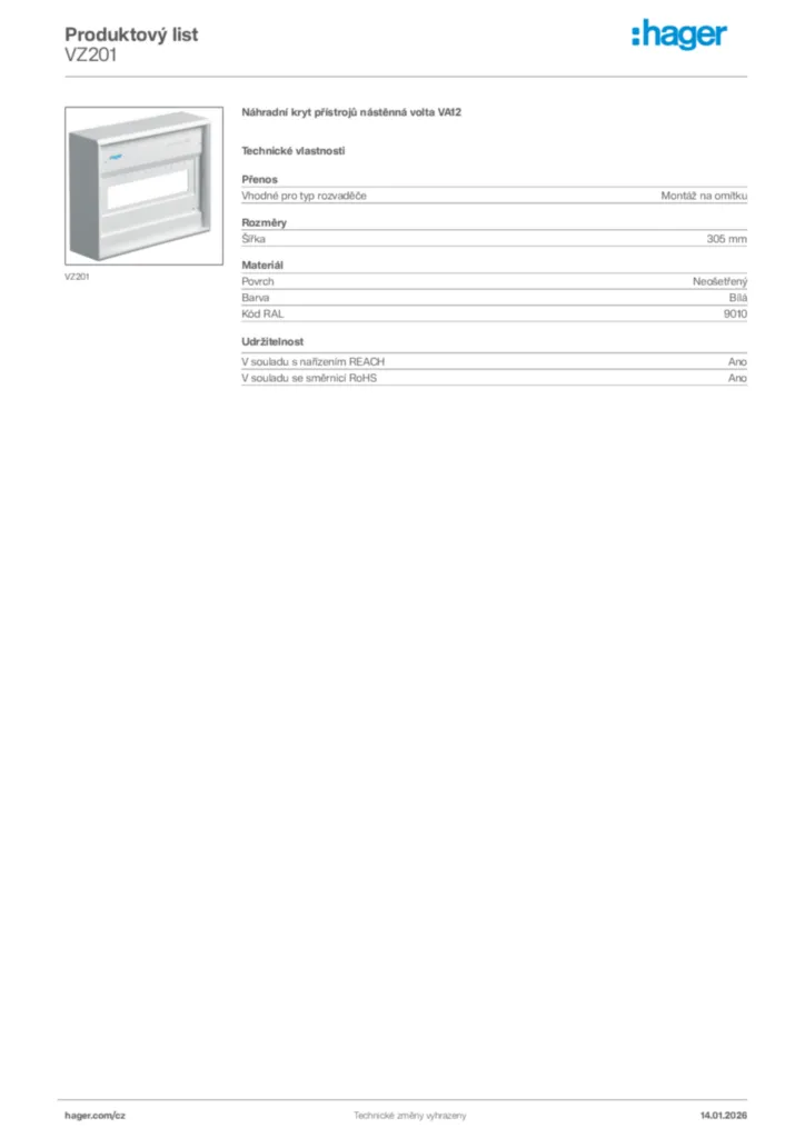 Obrázek Hager Product data sheet VZ201 | Hager