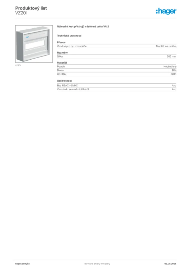 Obrázek Hager Product data sheet VZ201 | Hager