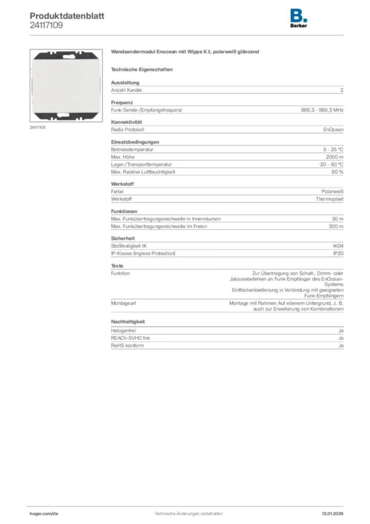 Bild Berker Produktdatenblatt 24117109 | Hager Deutschland