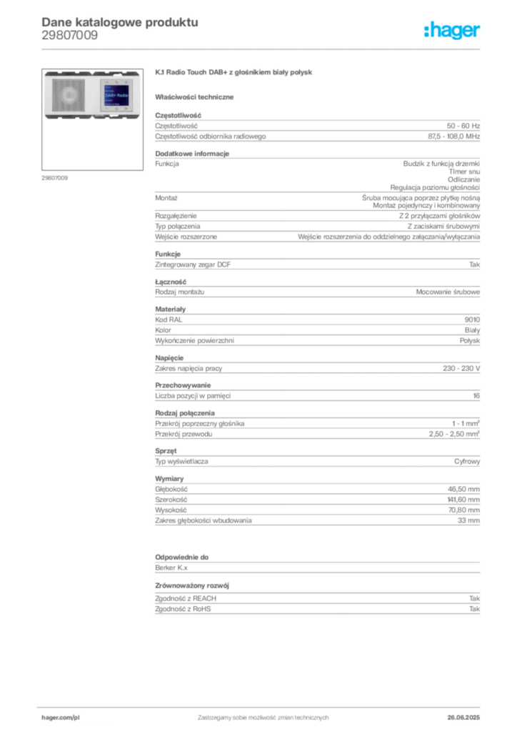 Zdjęcie Hager Dane katalogowe produktu 29807009 | Hager Polska