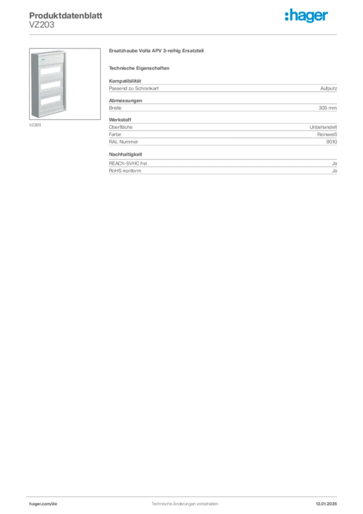 Bild Hager Produktdatenblatt VZ203 | Hager Deutschland