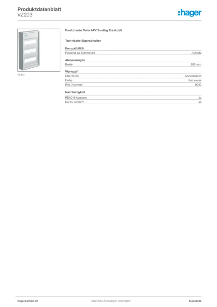 Bild Hager Produktdatenblatt VZ203 | Hager Schweiz