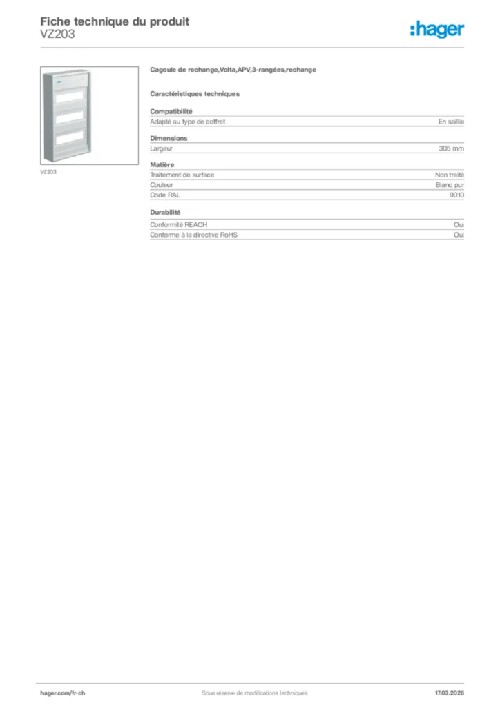 Image Hager Fiche technique du produit VZ203 | Hager Suisse