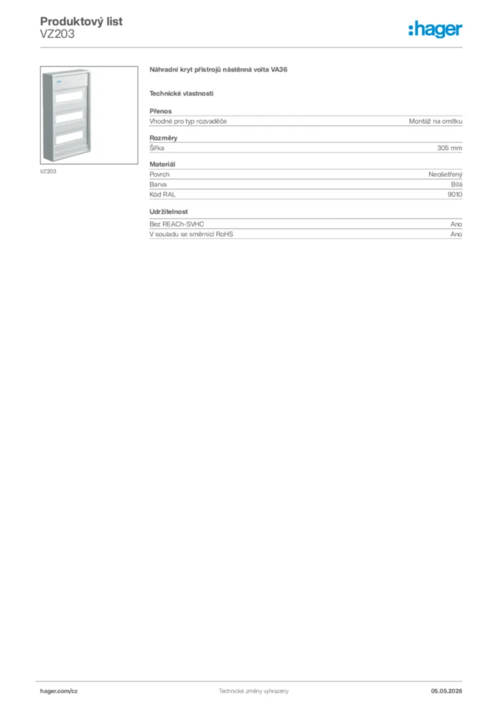 Obrázek Hager Product data sheet VZ203 | Hager