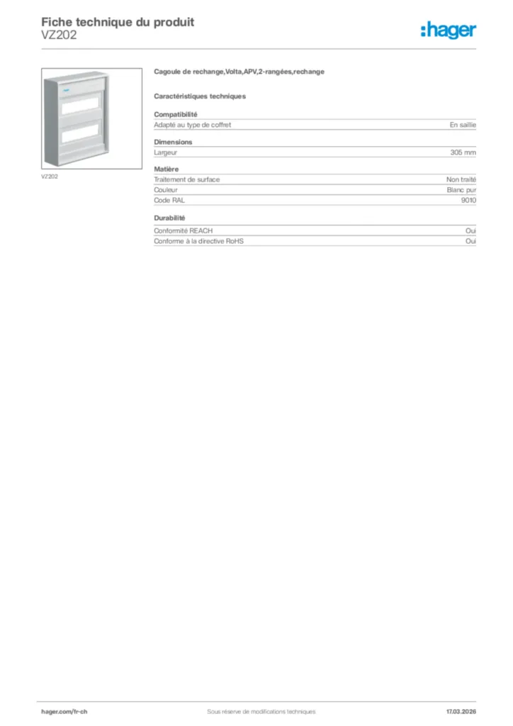 Image Hager Fiche technique du produit VZ202 | Hager Suisse