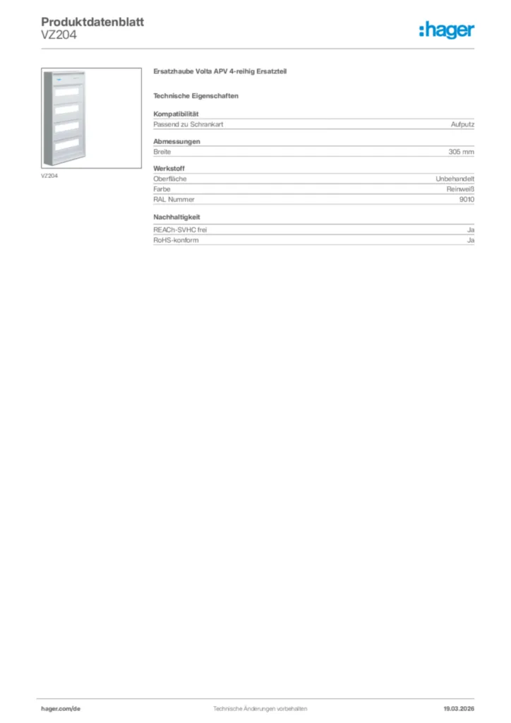 Bild Hager Produktdatenblatt VZ204 | Hager Deutschland