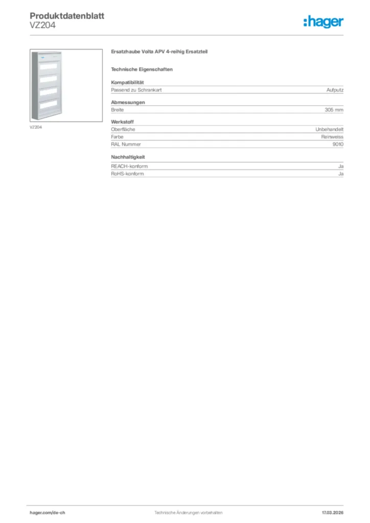 Bild Hager Produktdatenblatt VZ204 | Hager Schweiz