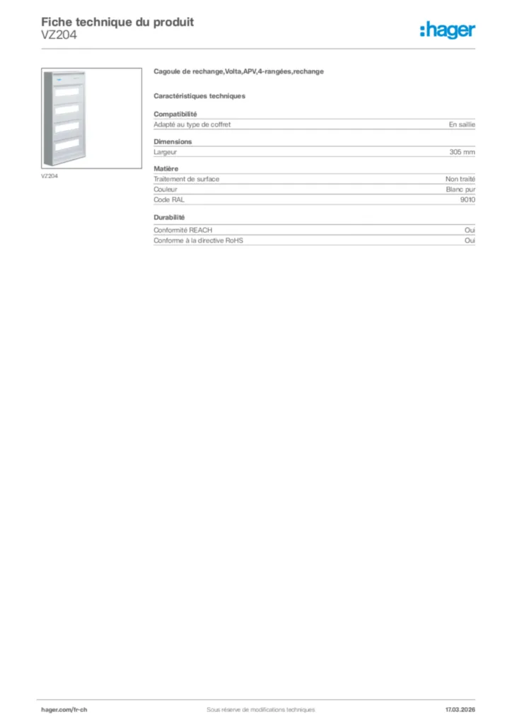 Image Hager Fiche technique du produit VZ204 | Hager Suisse