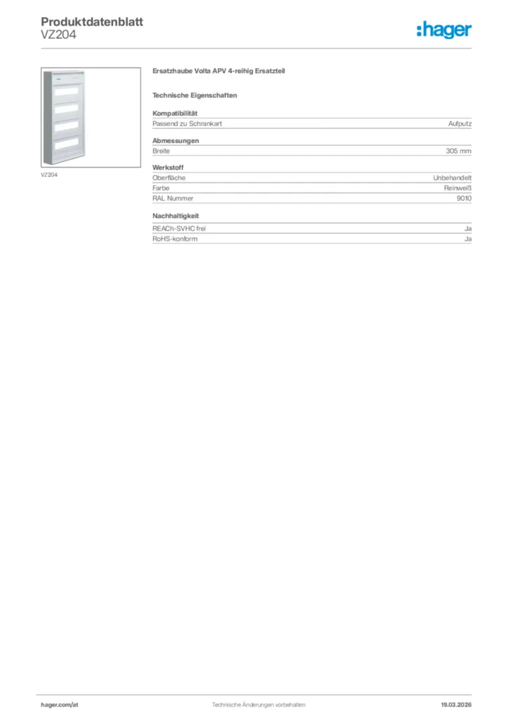 Bild Hager Produktdatenblatt VZ204 | Hager Deutschland