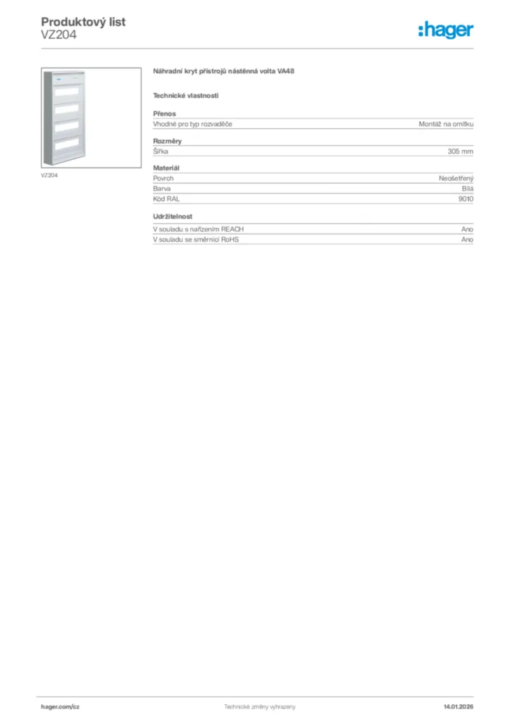 Obrázek Hager Product data sheet VZ204 | Hager