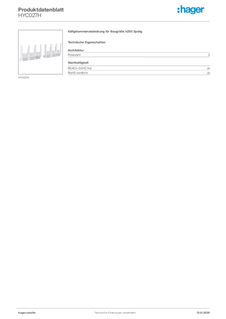 Bild Hager Produktdatenblatt HYC027H | Hager Deutschland