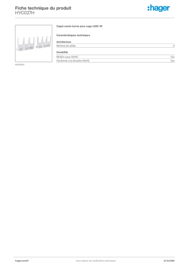 Image Hager Fiche technique du produit HYC027H | Hager France