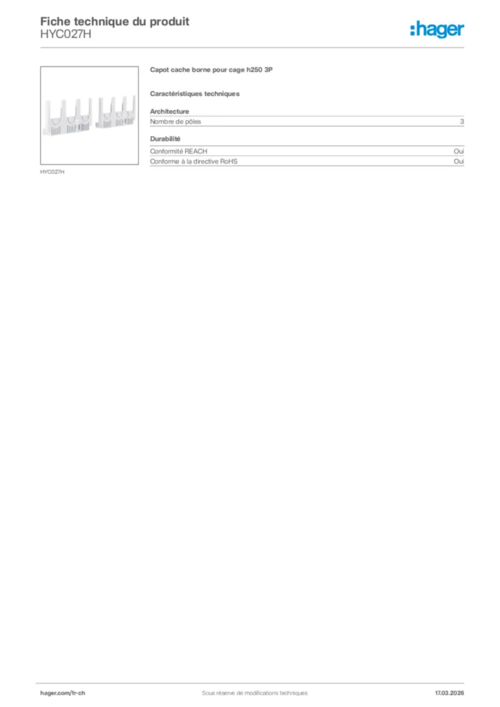 Image Hager Fiche technique du produit HYC027H | Hager Suisse