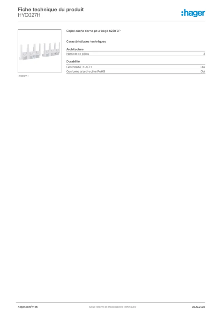 Image Hager Fiche technique du produit HYC027H | Hager Suisse