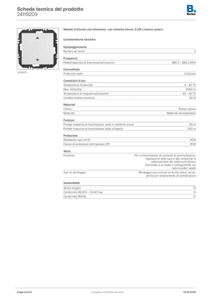 Immagine Berker Scheda tecnica del prodotto 24118209 | Hager Italia