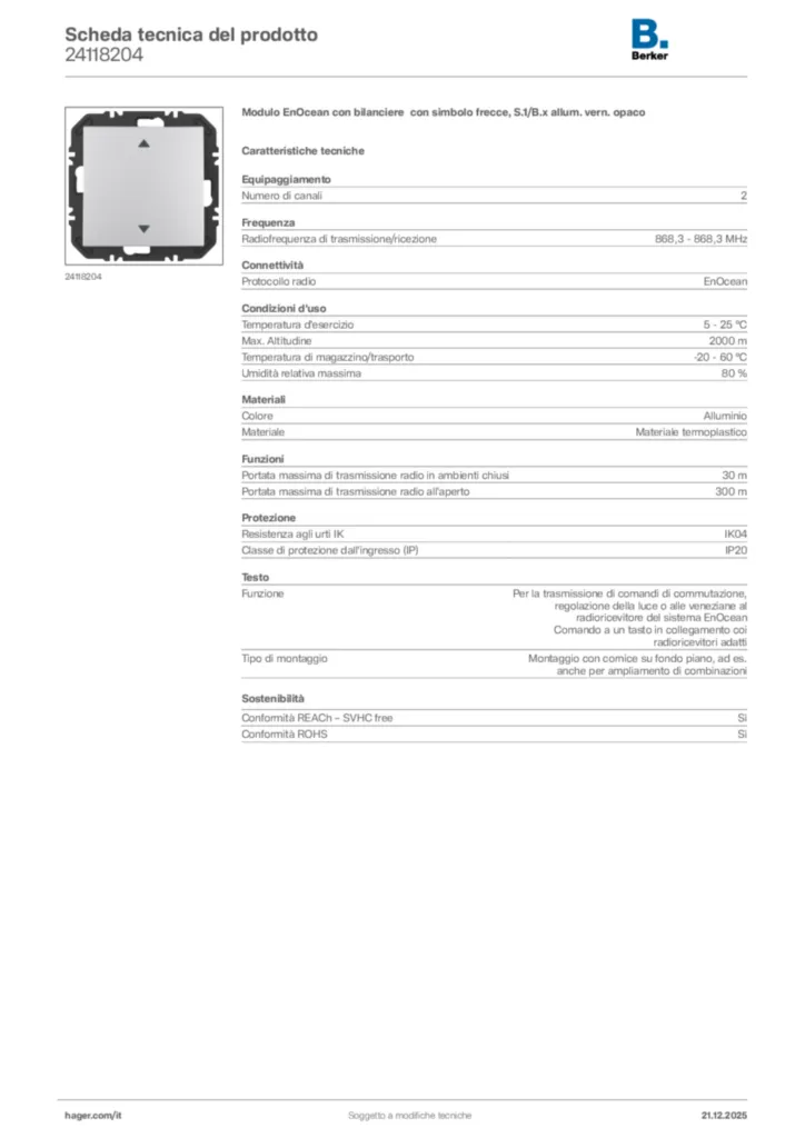Immagine Berker Scheda tecnica del prodotto 24118204 | Hager Italia