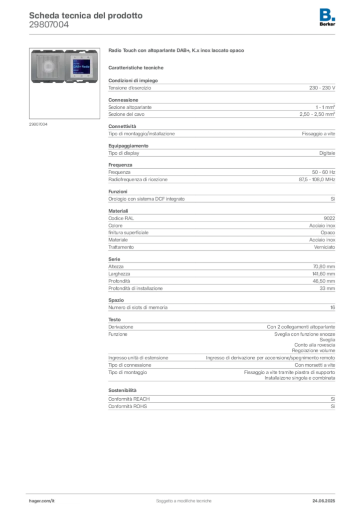 Immagine Berker Scheda tecnica del prodotto 29807004 | Hager Italia