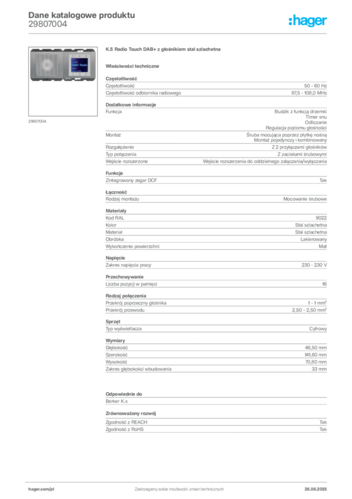 Zdjęcie Hager Dane katalogowe produktu 29807004 | Hager Polska