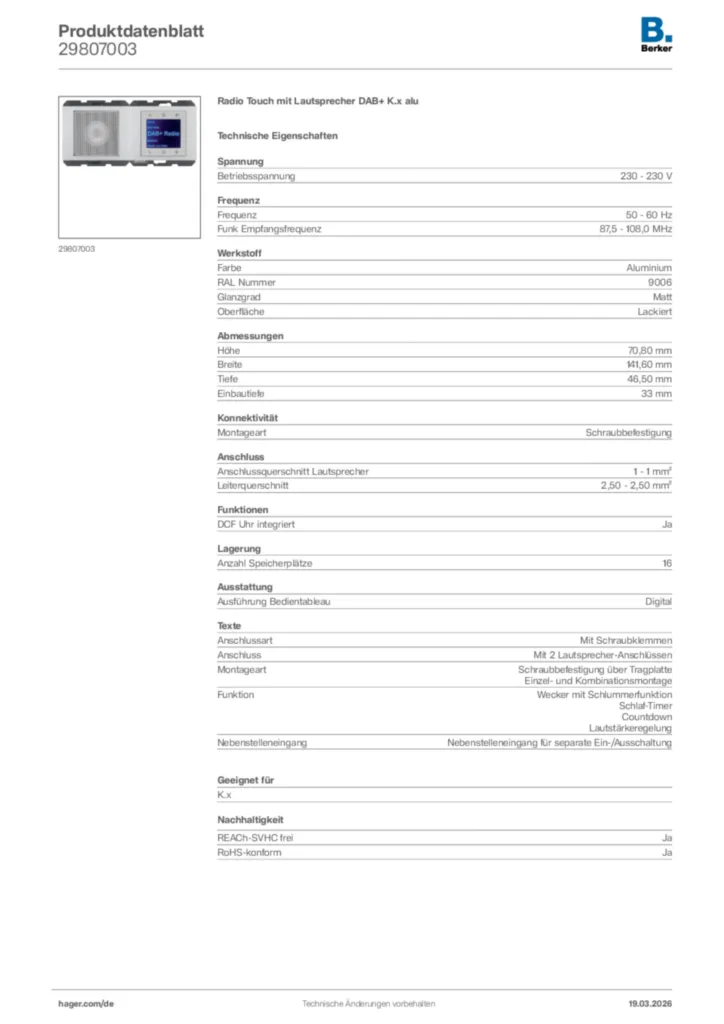Bild Berker Produktdatenblatt 29807003 | Hager Deutschland