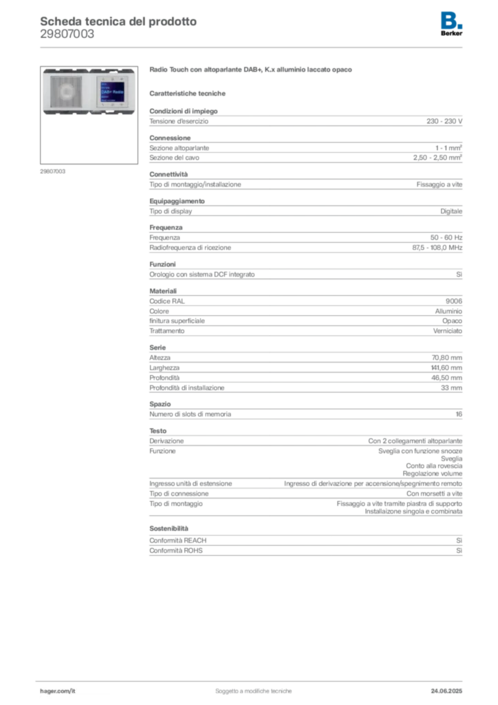 Immagine Berker Scheda tecnica del prodotto 29807003 | Hager Italia