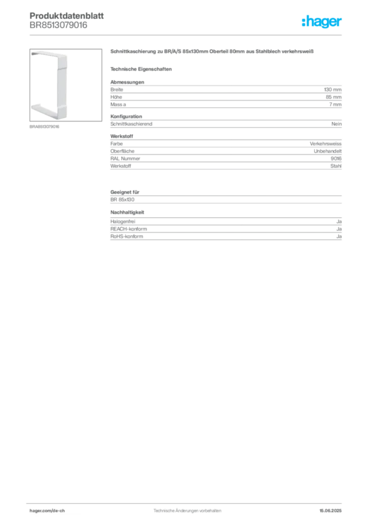 Bild Hager Produktdatenblatt BR8513079016 | Hager Schweiz