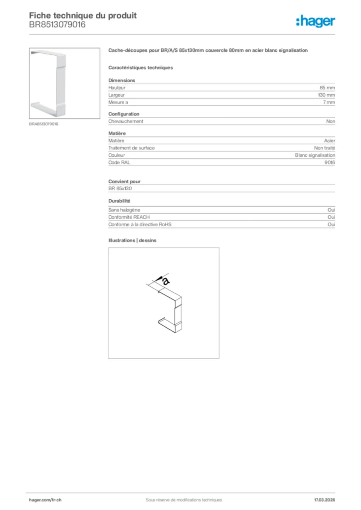 Image Hager Fiche technique du produit BR8513079016 | Hager Suisse