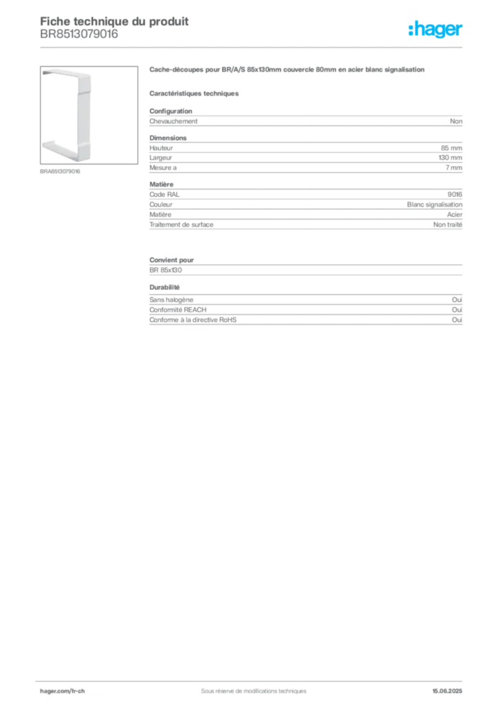 Image Hager Fiche technique du produit BR8513079016 | Hager Suisse
