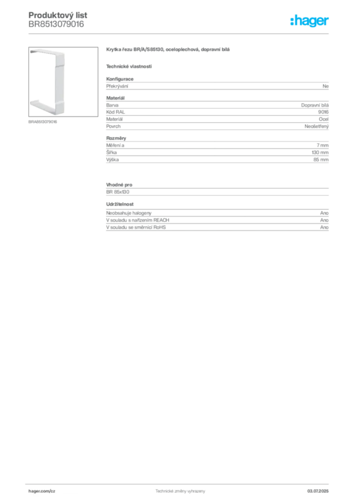 Obrázek Hager Produktový list BR8513079016 | Hager