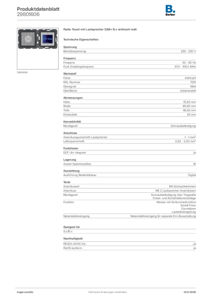 Bild Berker Produktdatenblatt 29801606 | Hager Deutschland