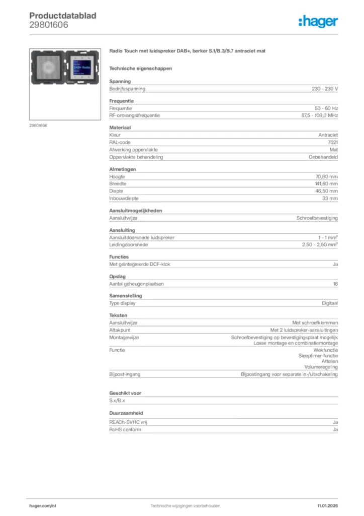 Afbeelding Hager Productdatablad 29801606 | Hager Nederland