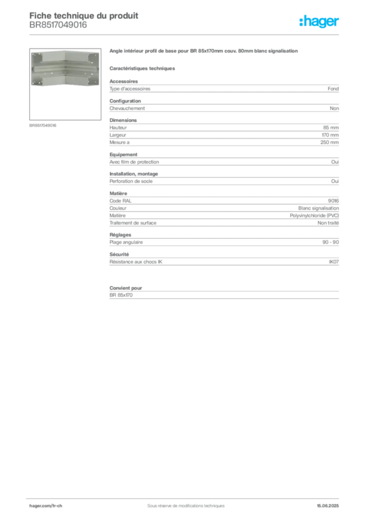 Image Hager Fiche technique du produit BR8517049016 | Hager Suisse