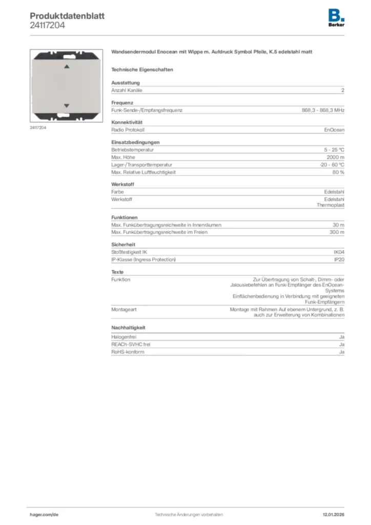 Bild Berker Produktdatenblatt 24117204 | Hager Deutschland