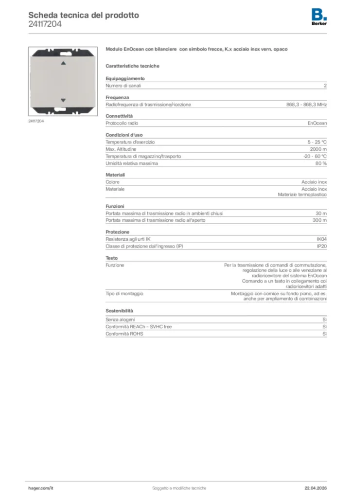 Immagine Berker Scheda tecnica del prodotto 24117204 | Hager Italia