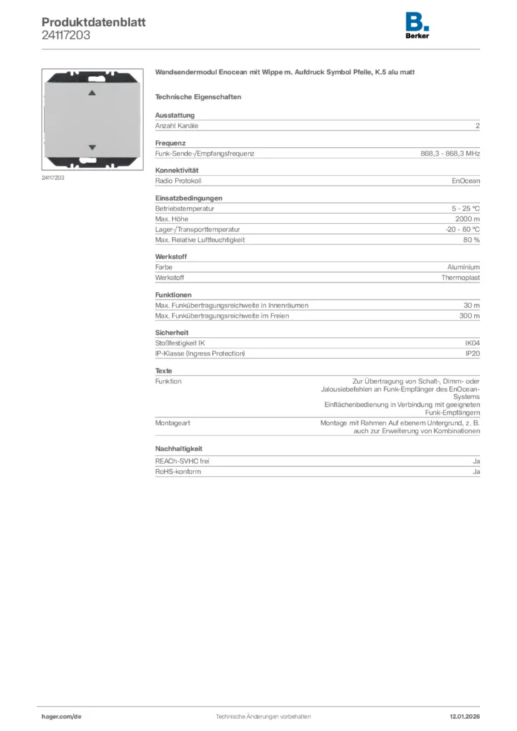 Bild Berker Produktdatenblatt 24117203 | Hager Deutschland