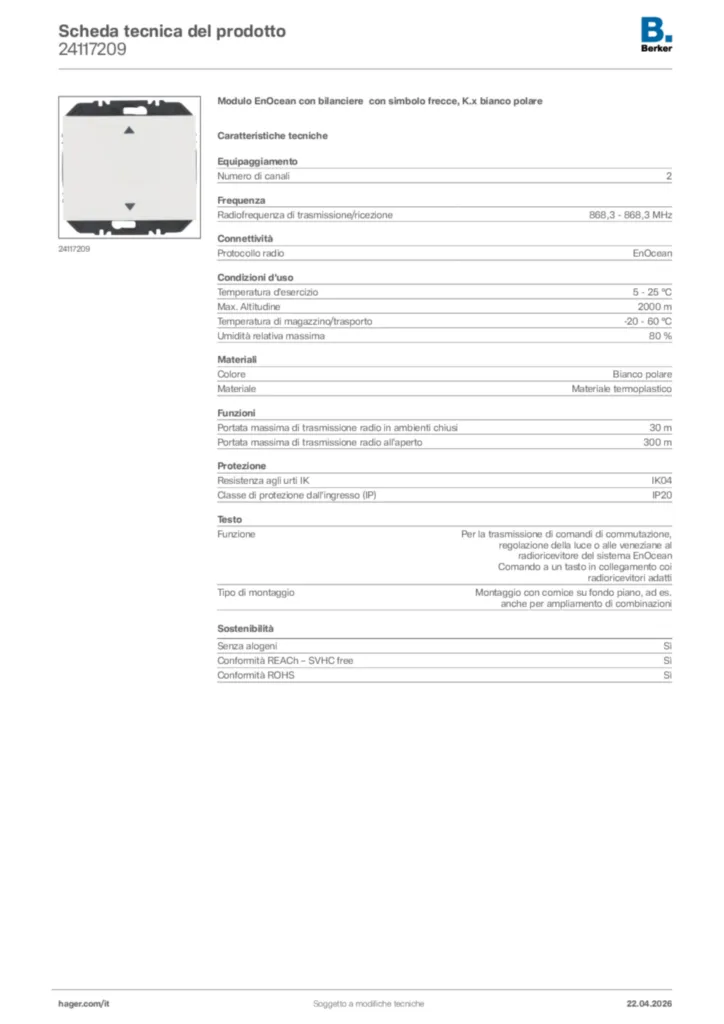 Immagine Berker Scheda tecnica del prodotto 24117209 | Hager Italia