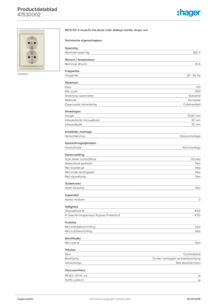 Afbeelding Hager Productdatablad 47530002 | Hager Nederland