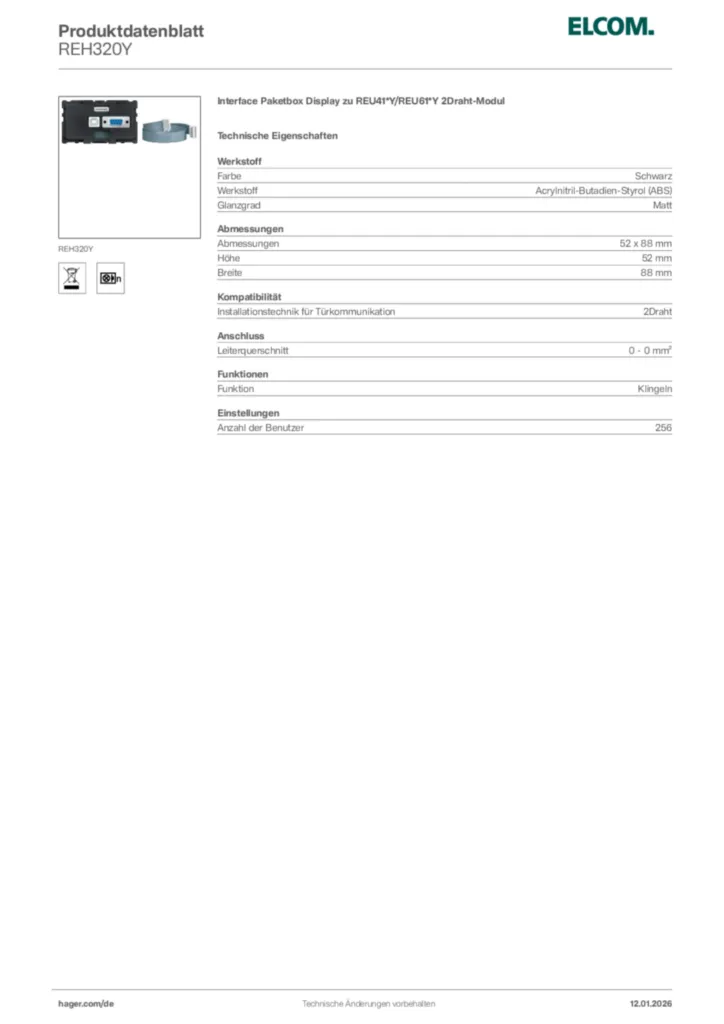 Bild Elcom Produktdatenblatt REH320Y | Hager Deutschland