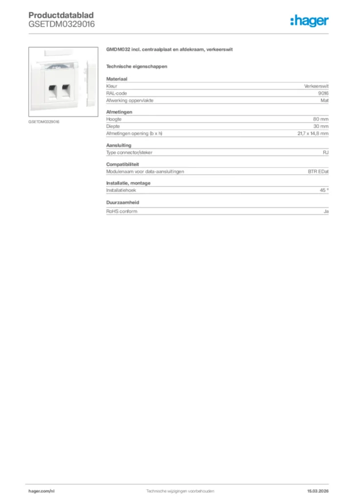 Afbeelding Hager Productdatablad GSETDM0329016 | Hager Nederland