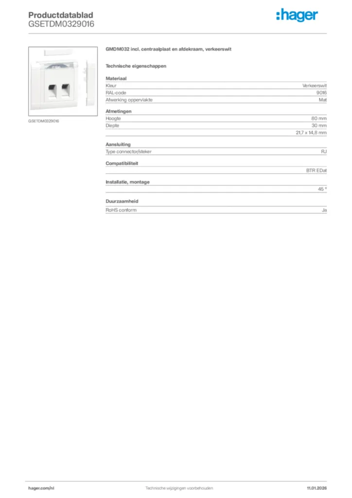 Afbeelding Hager Productdatablad GSETDM0329016 | Hager Nederland