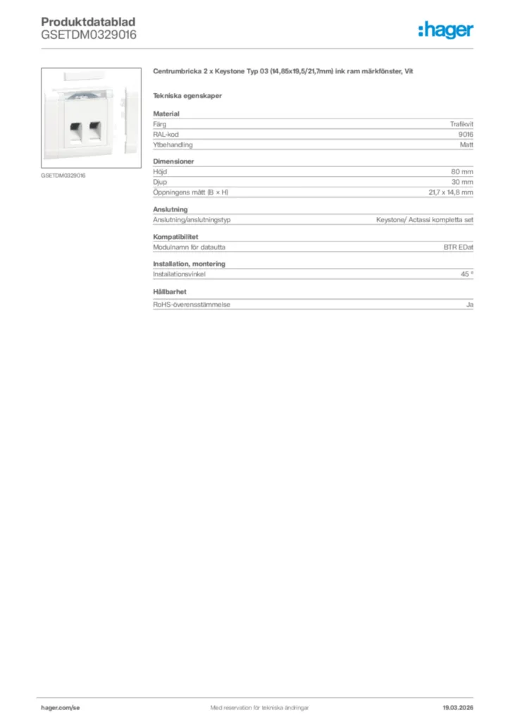 Bild Hager Produktdatablad GSETDM0329016 | Hager Sverige