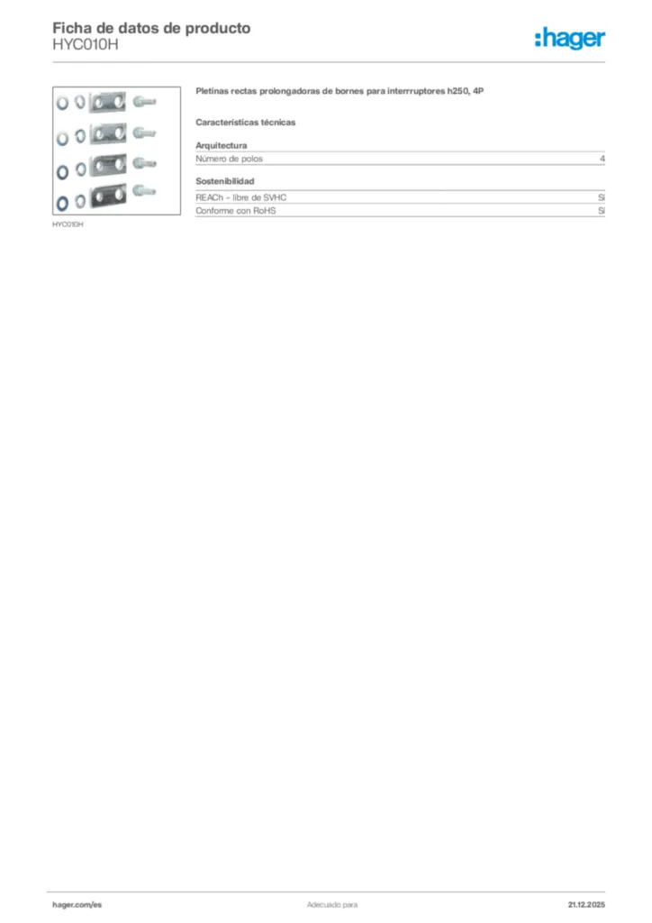 Imagen Hager Ficha de datos de producto HYC010H | Hager España