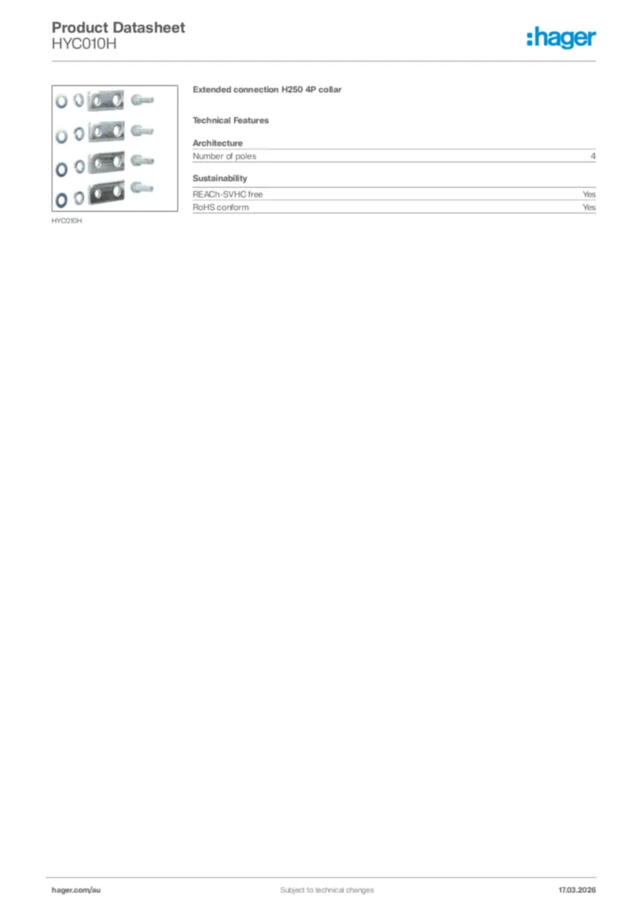 Image Hager Product data sheet HYC010H  | Hager Australia