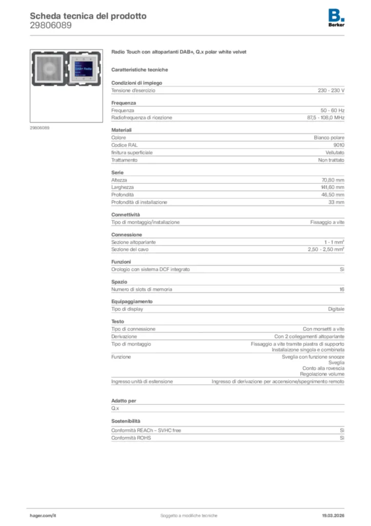 Immagine Berker Scheda tecnica del prodotto 29806089 | Hager Italia