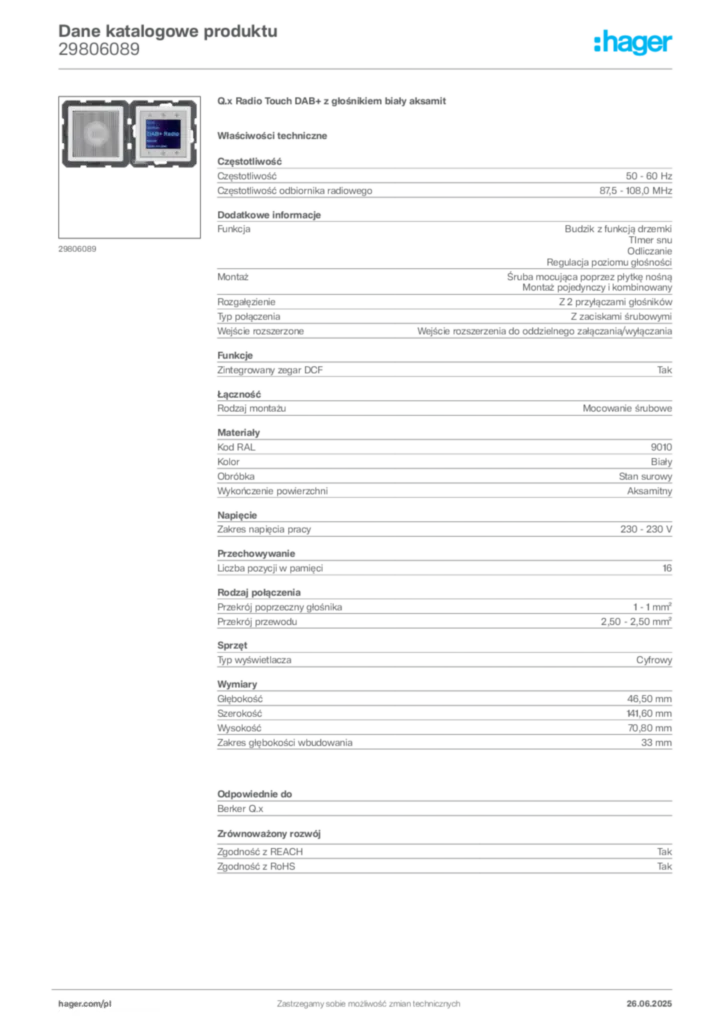Zdjęcie Hager Dane katalogowe produktu 29806089 | Hager Polska